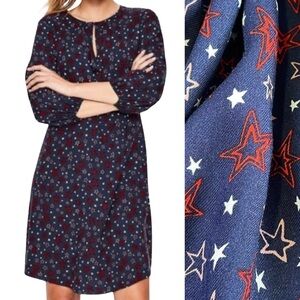 BODEN Navy Blue Loose Fit Dress Size 10R Star Print Keyhole 3/4 Sleeves